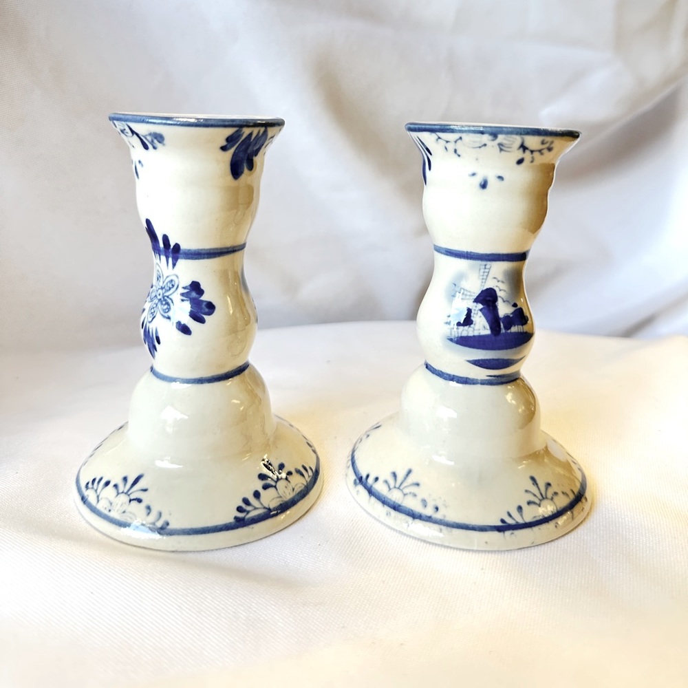 Blue + white Dutch delft style ceramic candlesticks / candle holders